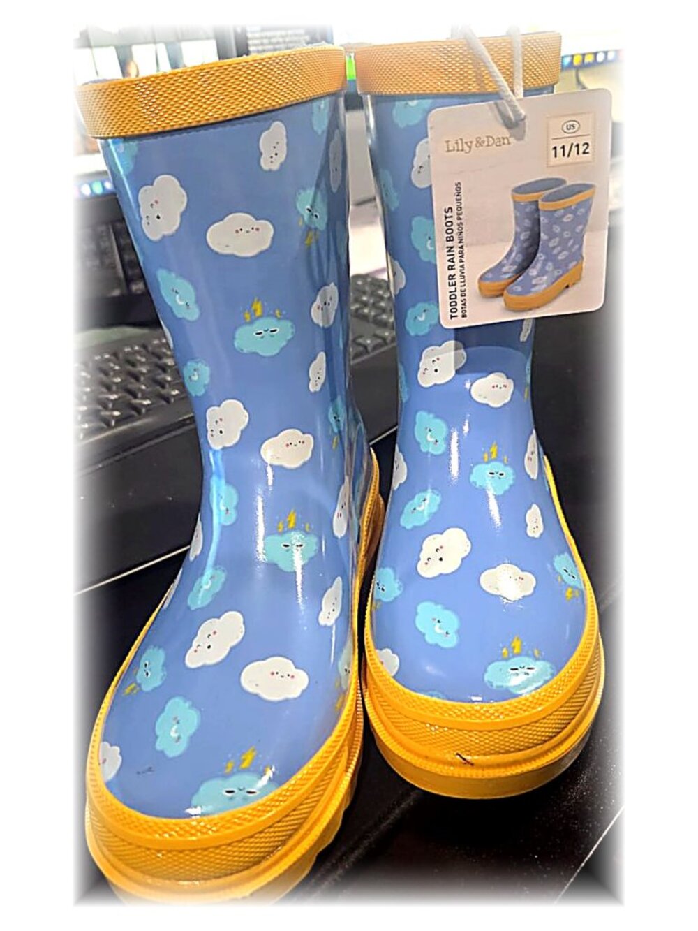 NWT Lily & Dan Toddler Rain Boots Cloud Print Blue Yellow Size 11/12